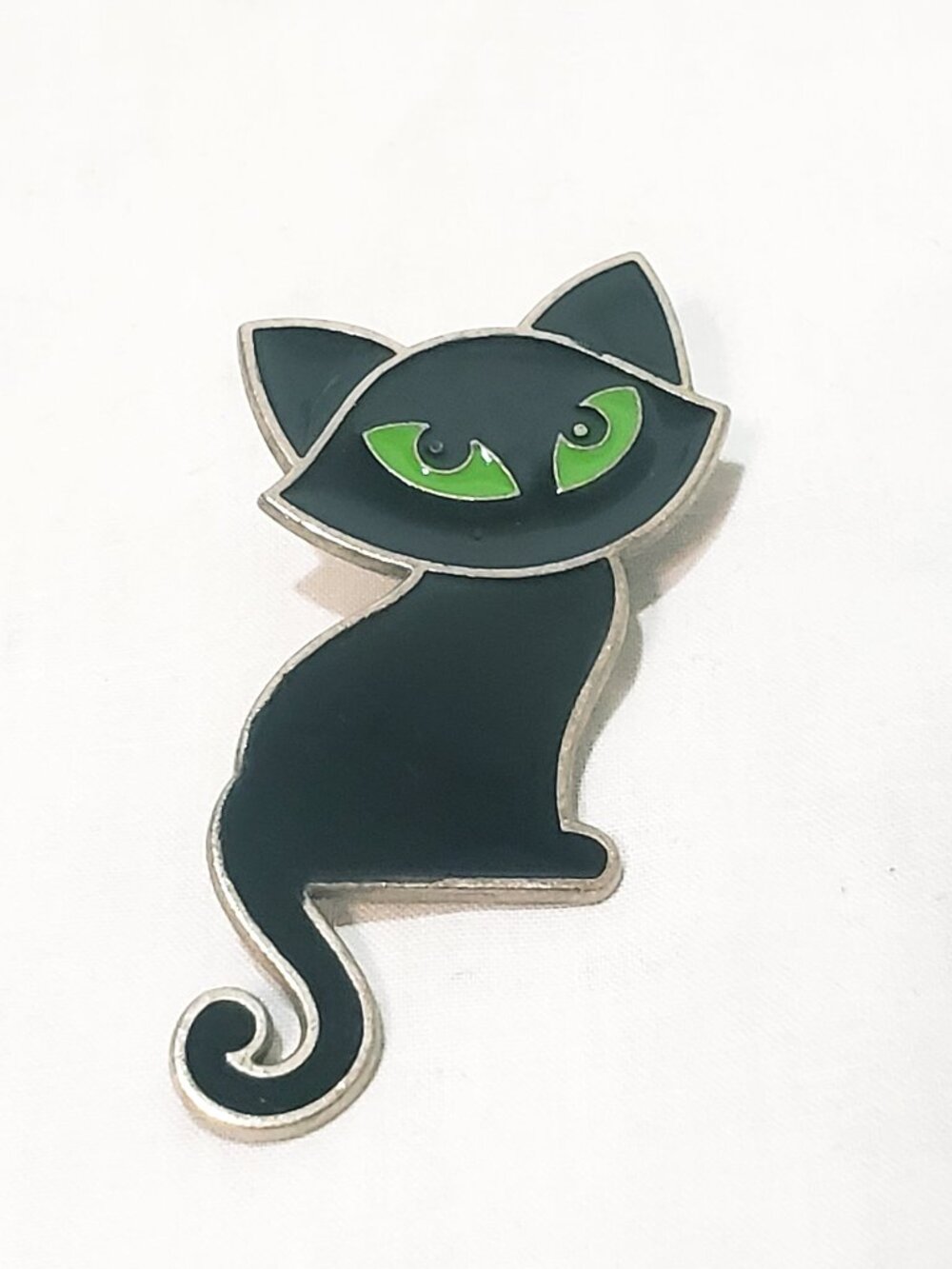 Black Cat Sitting Green Eyes Lapel Pin Brooch 2" Feline Metal Enamel